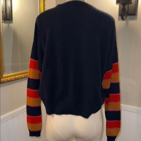27 Miles navy 100% cashmere sweater with multicolored striped sleeves. Large - Picture 6 of 12